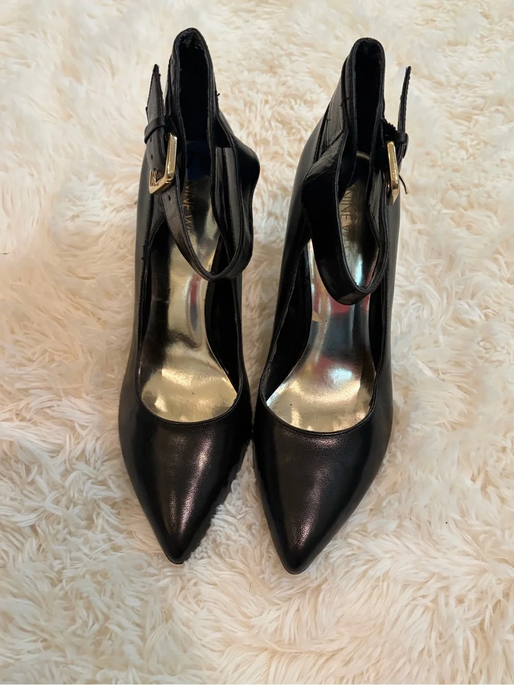 Nine West Black Pointed-Toe Ankle Strap Heels with Gold Buckles